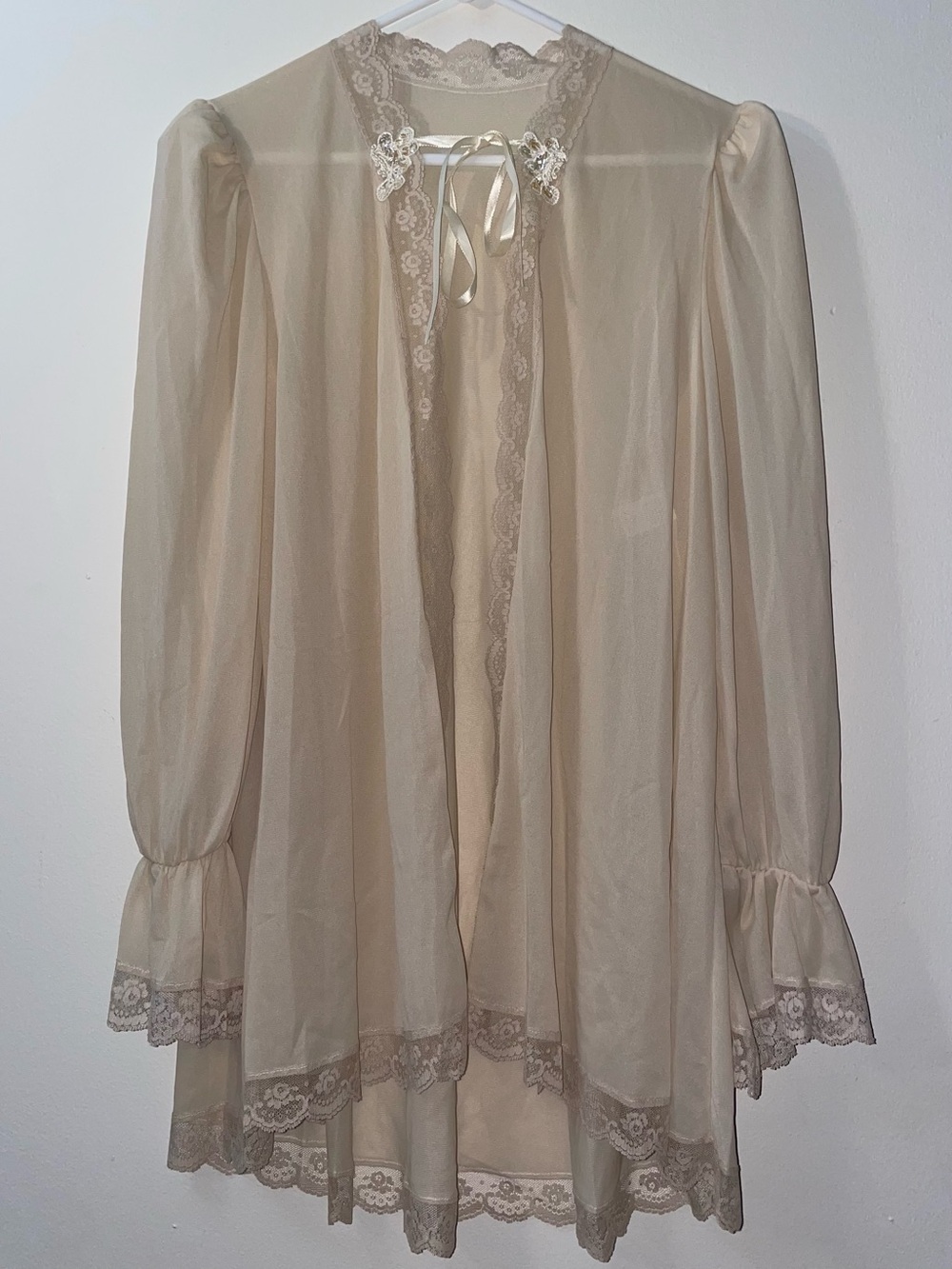 VTG Petra Fashions Women’s Sheer Beige Boudoir Peignoir Robe, Embellished, Lace